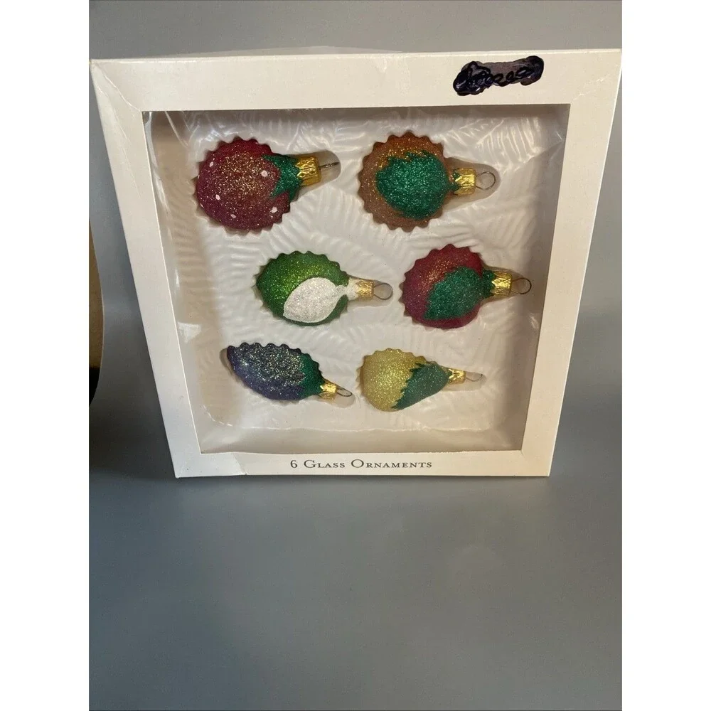 Vintage Christmas Glass Fruit Ornament Set of 6 Glittered 2002 Target Pear Apple